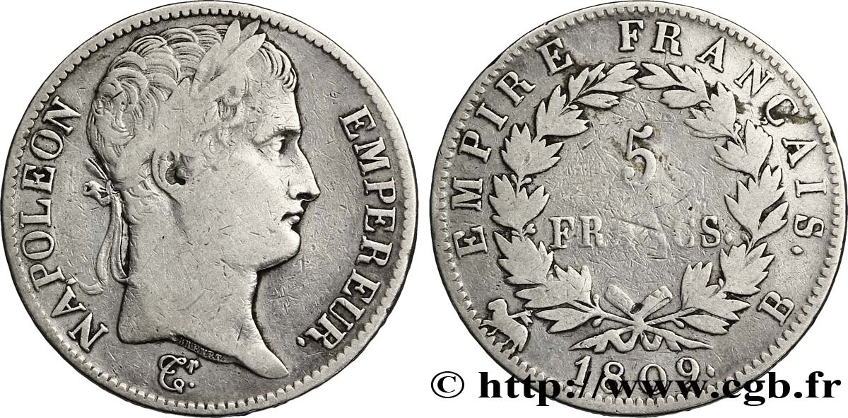 5 francs Napoléon Empereur, Empire français 1809 Rouen F.307/2 TB20 