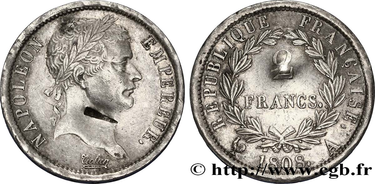 2 francs Napoléon Ier tête laurée, République française 1808 Paris F.254/4 AU 