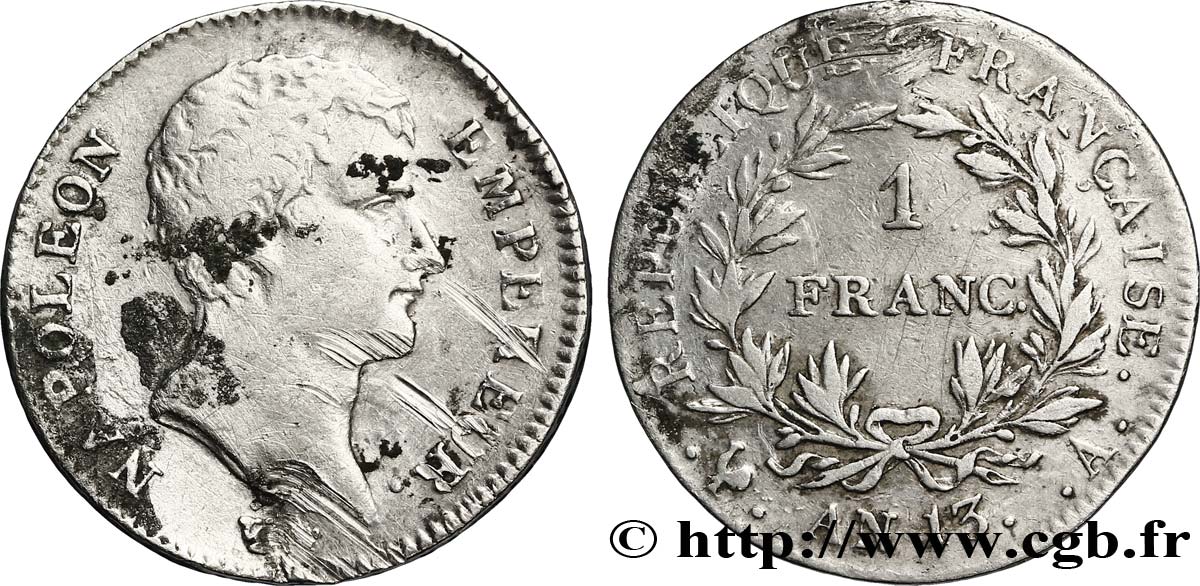 1 franc Napoléon Empereur, Calendrier révolutionnaire 1805 Paris F.201/14 TB 