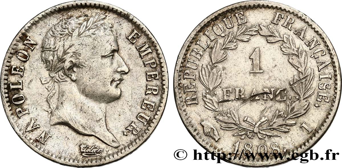 1 franc Napoléon Ier tête laurée, République française 1808 Limoges F.204/7 VF35 