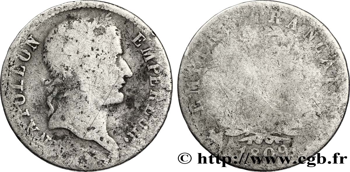1 franc Napoléon Ier tête laurée, Empire français 1809 Rouen F.205/2 AB4 