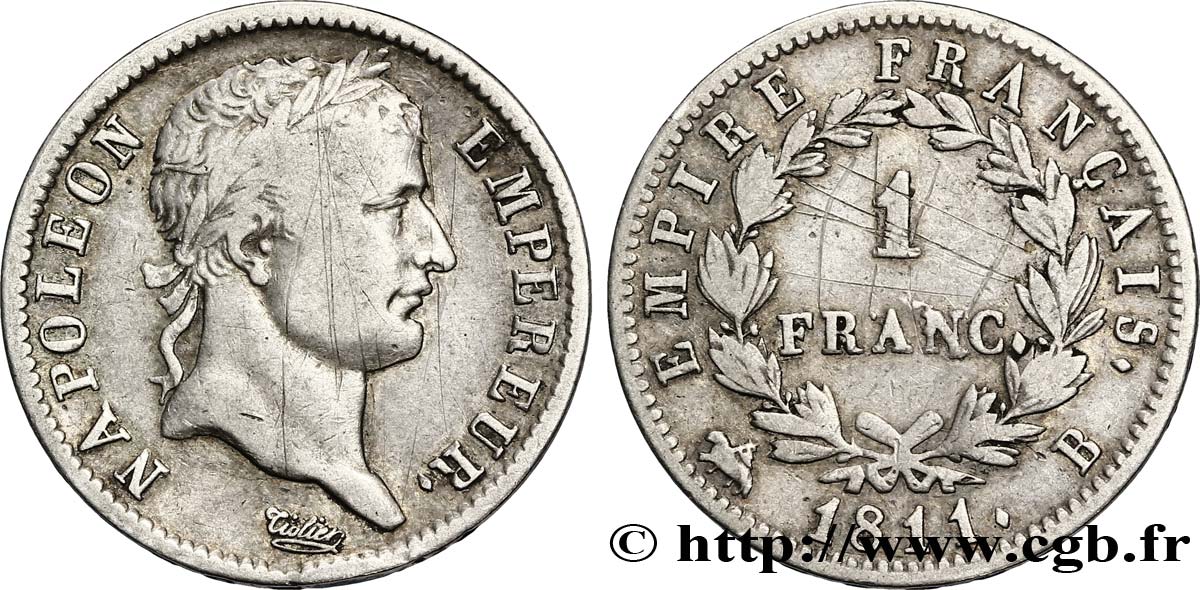 1 franc Napoléon Ier tête laurée, Empire français 1811 Rouen F.205/29 TB30 