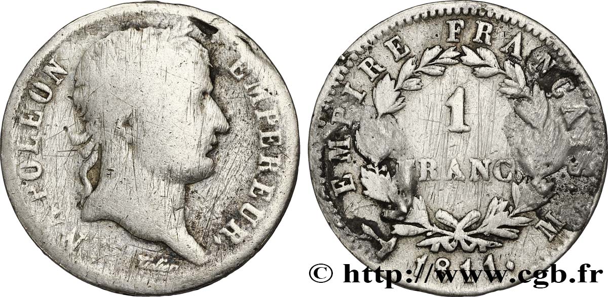1 franc Napoléon Ier tête laurée, Empire français 1811 Toulouse F.205/36 B8 