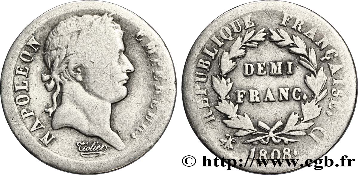 Demi-franc Napoléon Ier tête laurée, République française 1808 Lyon F./ TB20 