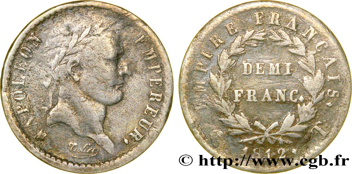 Demi-franc Napoléon Ier tête laurée, Empire français 1812 Nantes F.178/45 VF25 