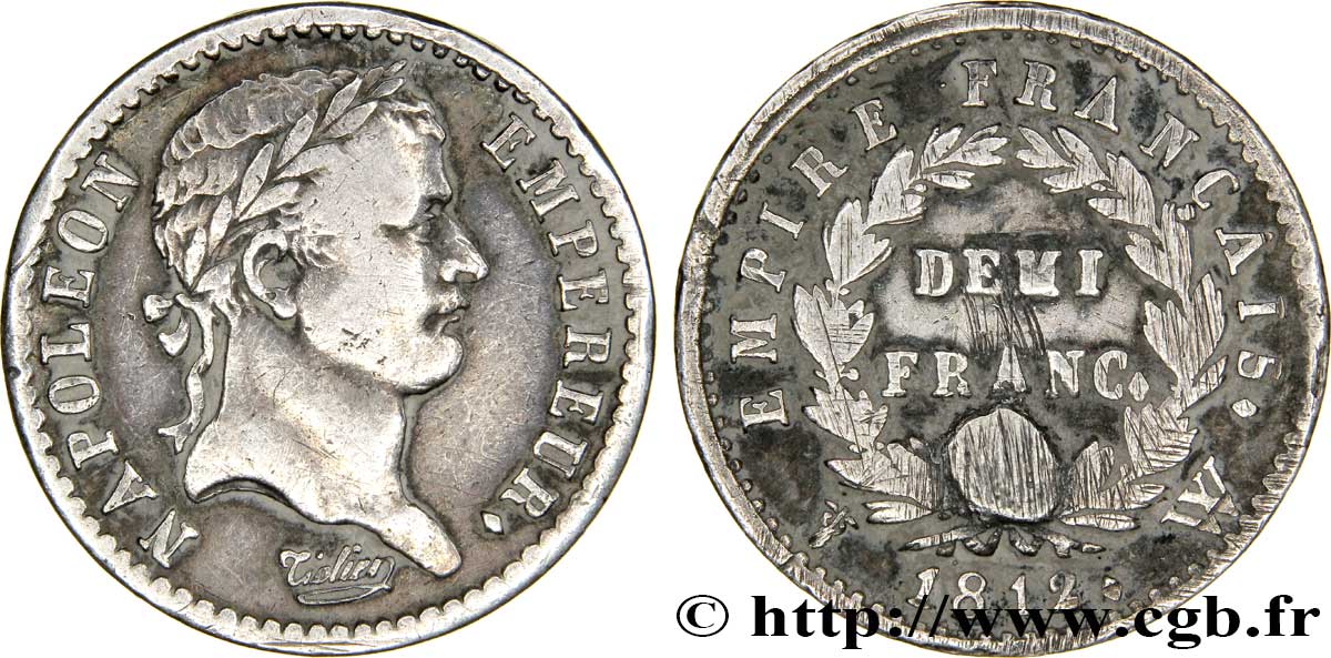 Demi-franc Napoléon Ier tête laurée, Empire français 1812 Lille F.178/48 TB30 