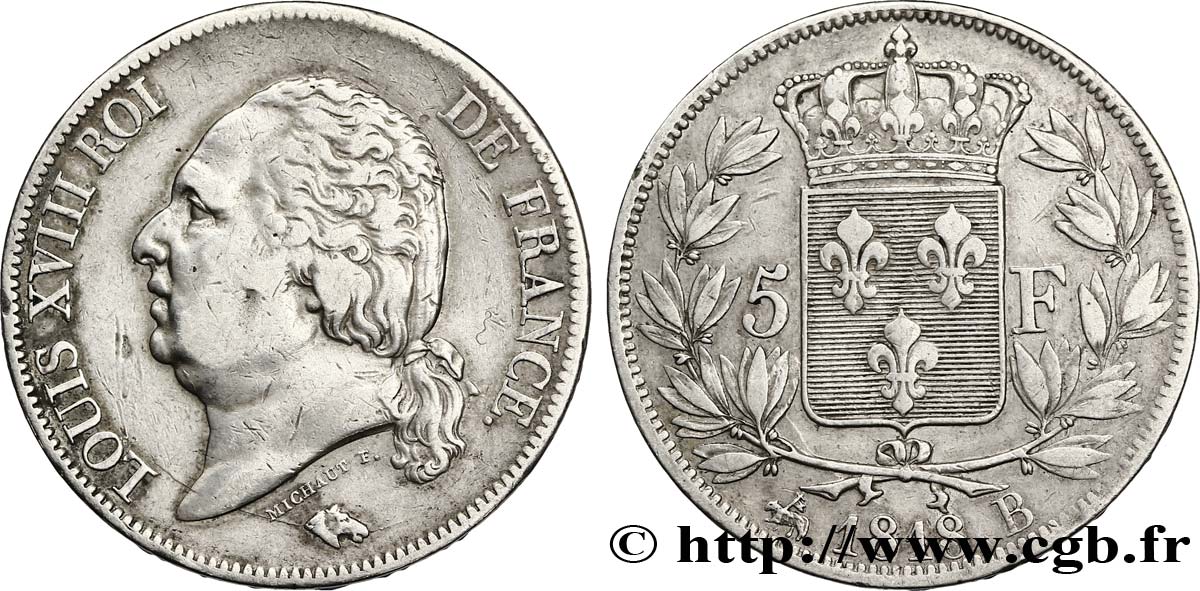 5 francs Louis XVIII, tête nue 1818 Rouen F.309/29 TTB45 