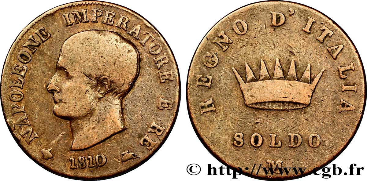 Soldo Napoléon Empereur et Roi d’Italie, 1er type 1810 Milan M.300  TB20 