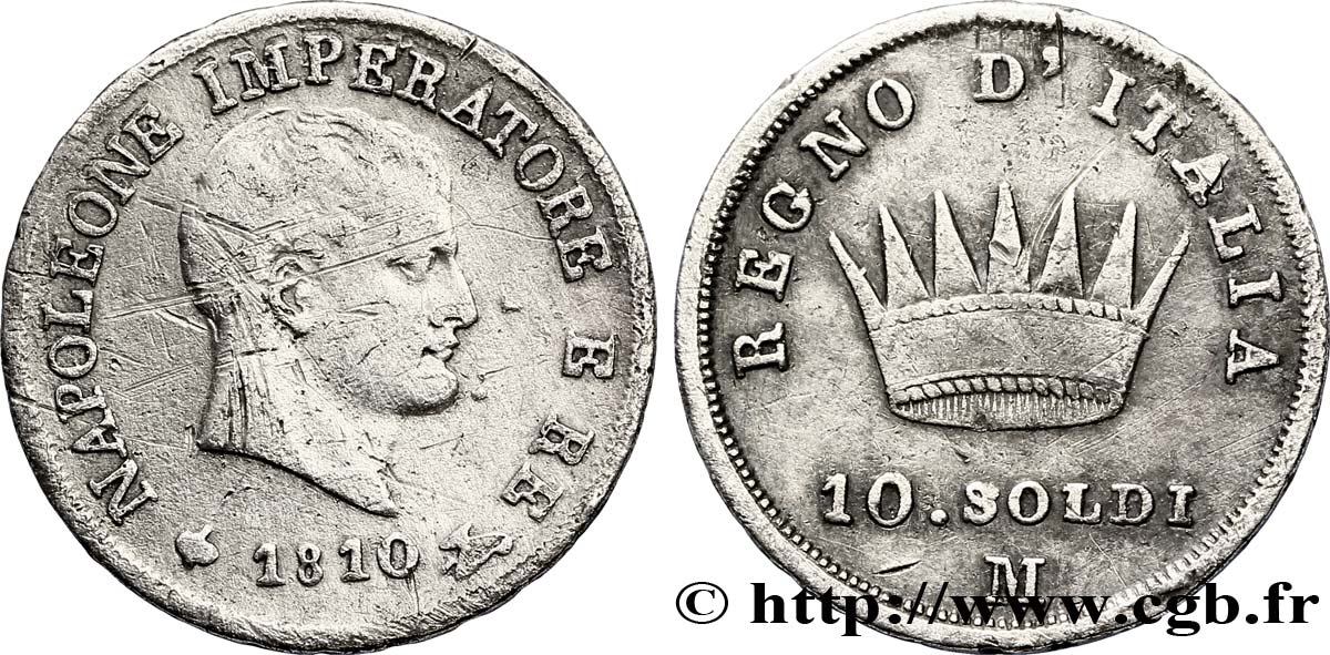 10 soldi Napoléon Empereur et Roi d’Italie 1810 Milan M.272  VF25 