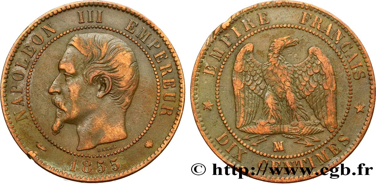 Dix centimes Napoléon III, tête nue 1855 Marseille F.133/30 MBC45 