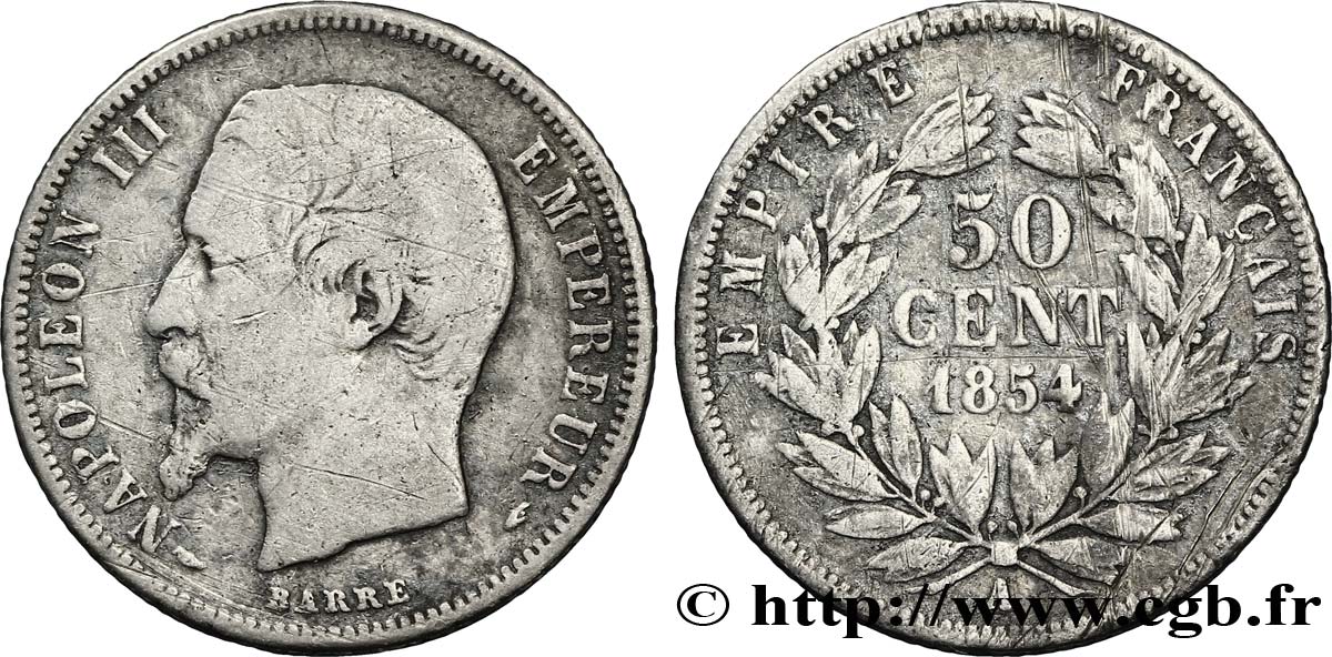 50 centimes Napoléon III, tête nue 1854 Paris F.187/2 TB20 