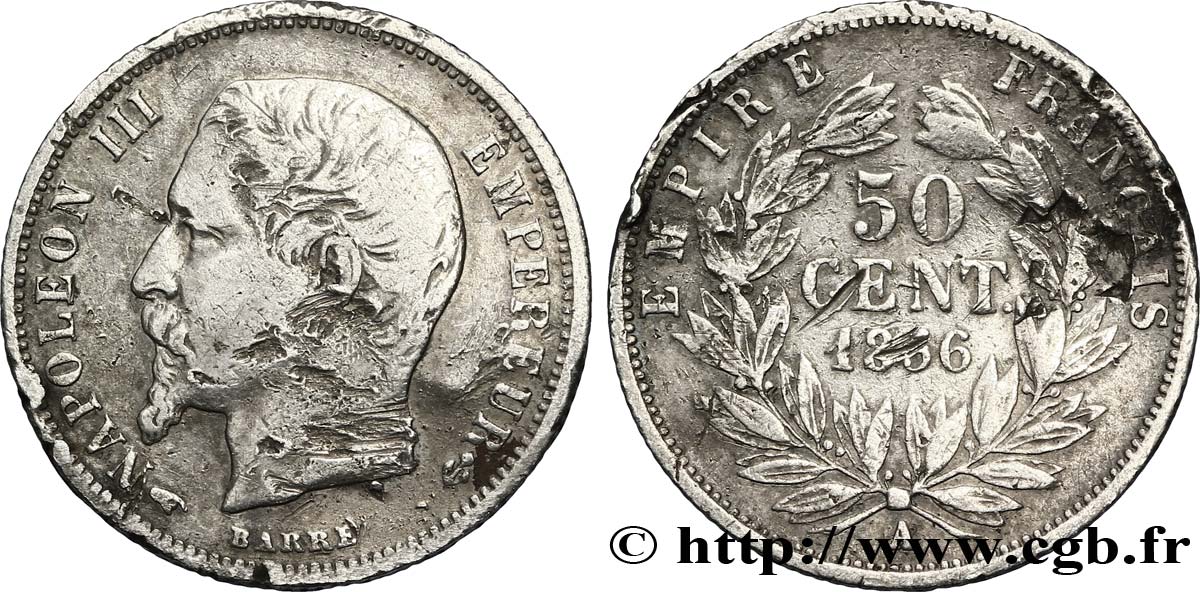 50 centimes Napoléon III, tête nue 1856 Paris F.187/4 TB 