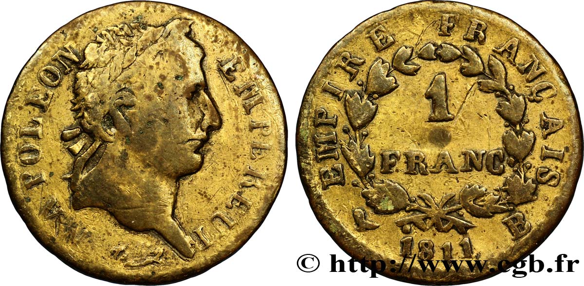 Faux de 1 franc Napoléon Ier tête laurée, Empire français 1811 Rouen F.205/29 var. B8 