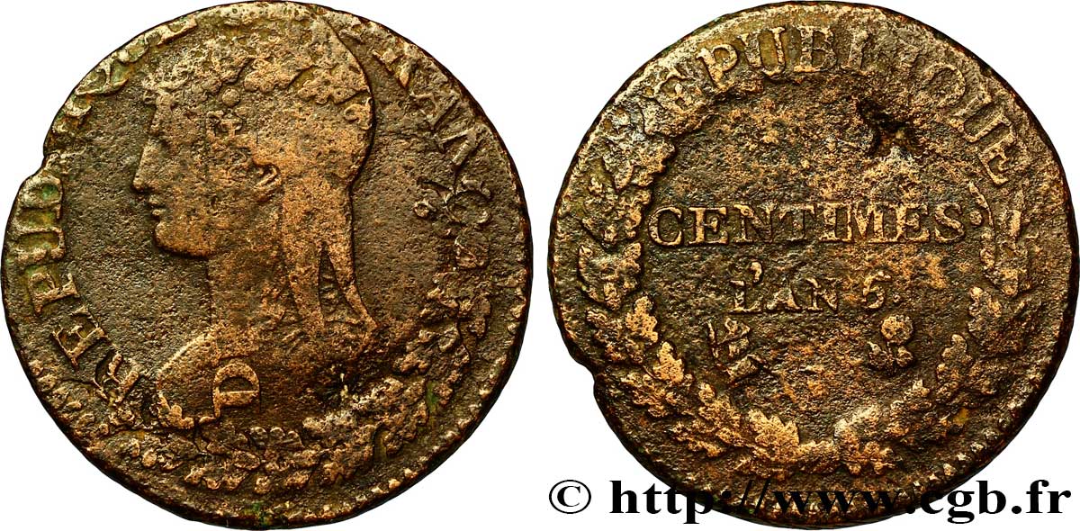 Cinq centimes Dupré, grand module, &nbsp;refrappage&nbsp; du décime 1797 Limoges F.114/8 B10 