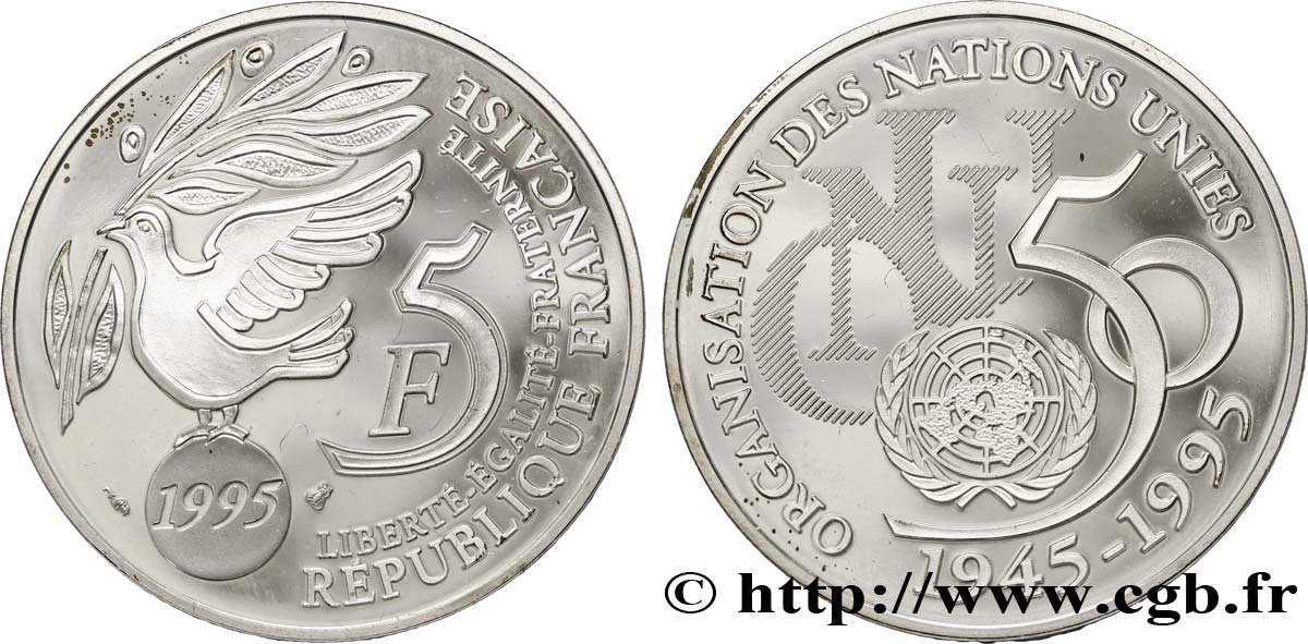 Belle Épreuve 5 francs Cinquantenaire de l’ONU 1995 Paris F.345/1 var. fST64 