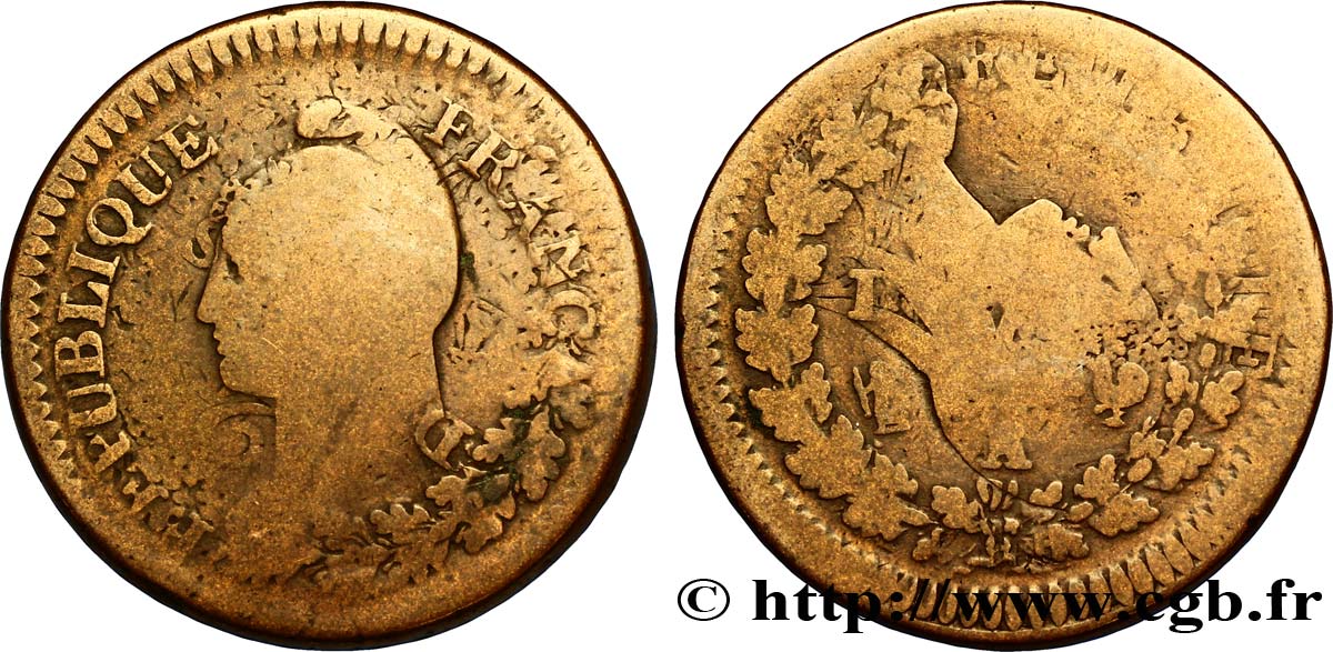 Un décime Dupré, grand module,  refrappage  du 2 décimes 1799 Paris F.128/15 B10 