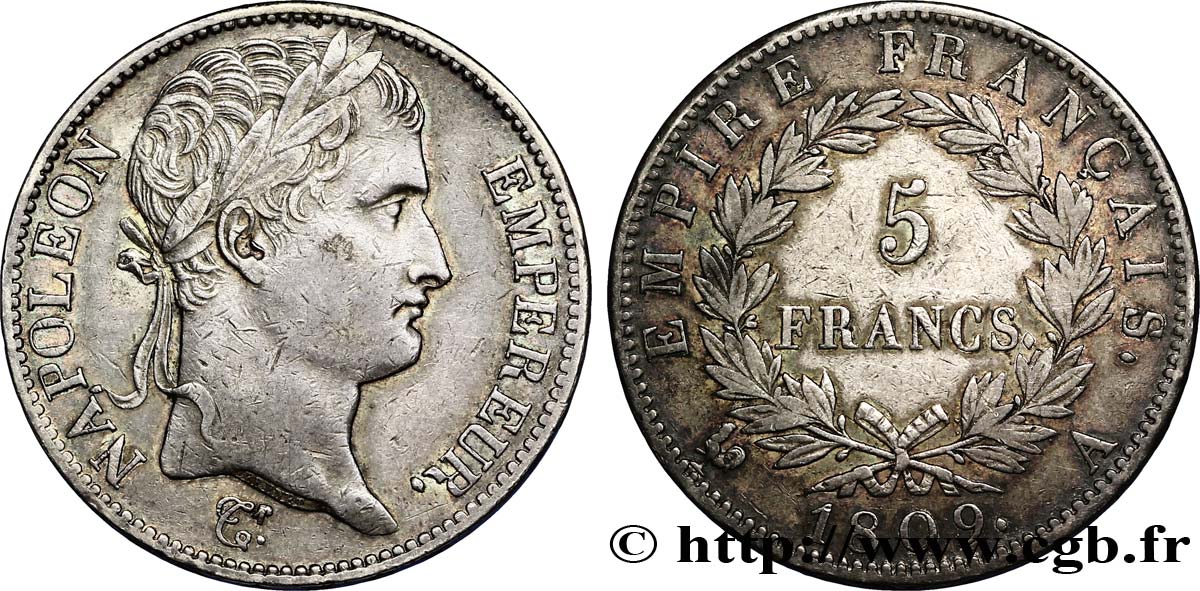 5 francs Napoléon Empereur, Empire français 1809 Paris F.307/1 TTB48 