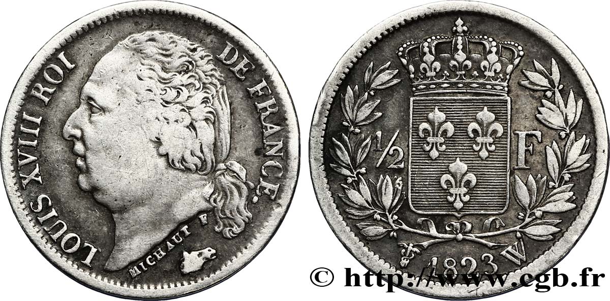1/2 franc Louis XVIII 1823 Lille F.179/42 TB35 