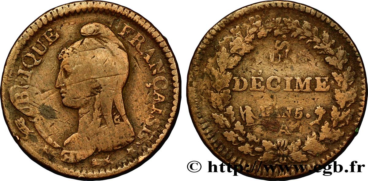 Un décime Dupré, grand module, &nbsp;refrappage&nbsp; du 2 décimes 1797 Paris F.128/1 TB25 