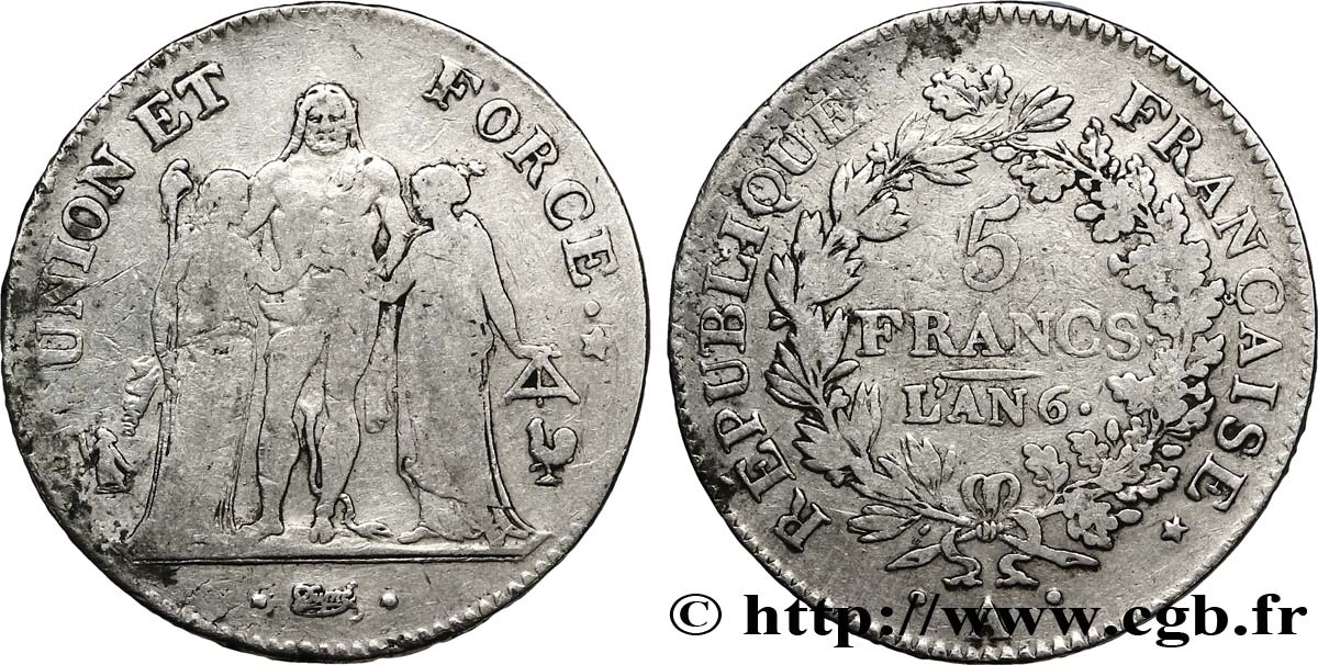 5 francs Union et Force, Union serré, avec glands intérieurs et gland extérieur 1798 Paris F.288/33 TB30 