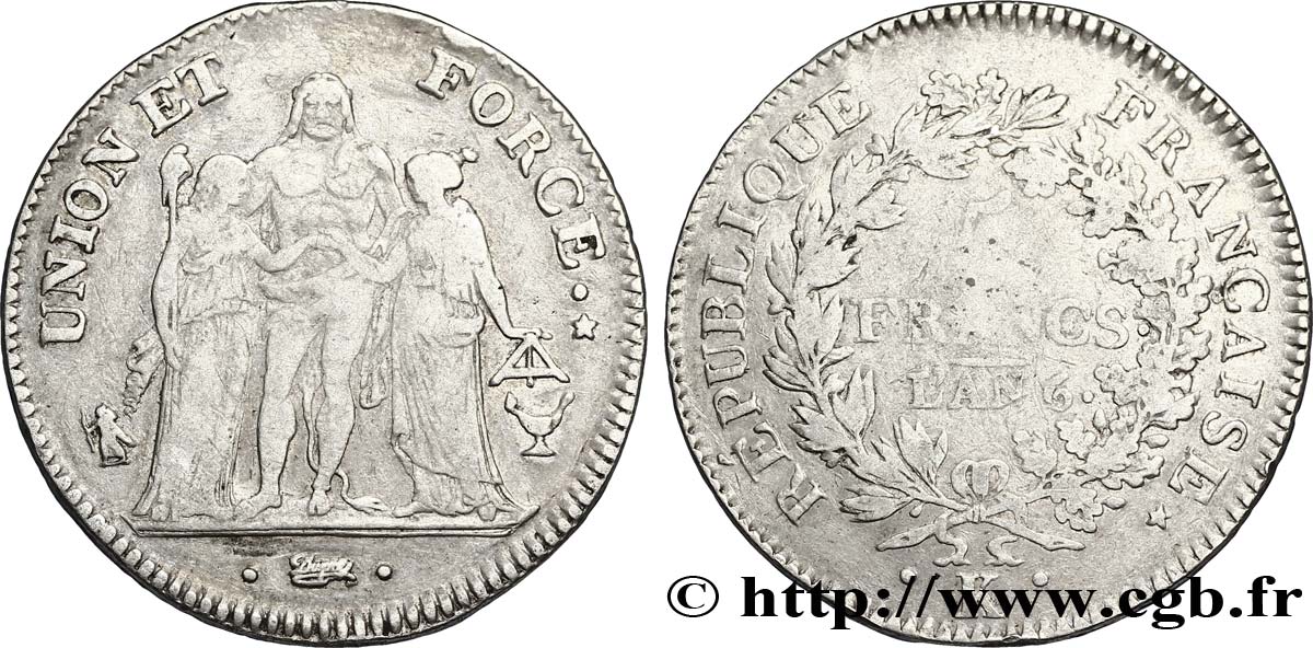 5 francs Union et Force, Union serré, avec glands intérieurs et gland extérieur 1798 Bordeaux F.288/59 MB30 