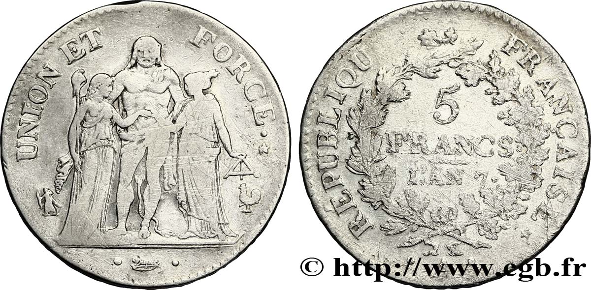 5 francs Union et Force, Union serré, avec glands intérieurs et gland extérieur 1799 Paris F.288/95 TB25 