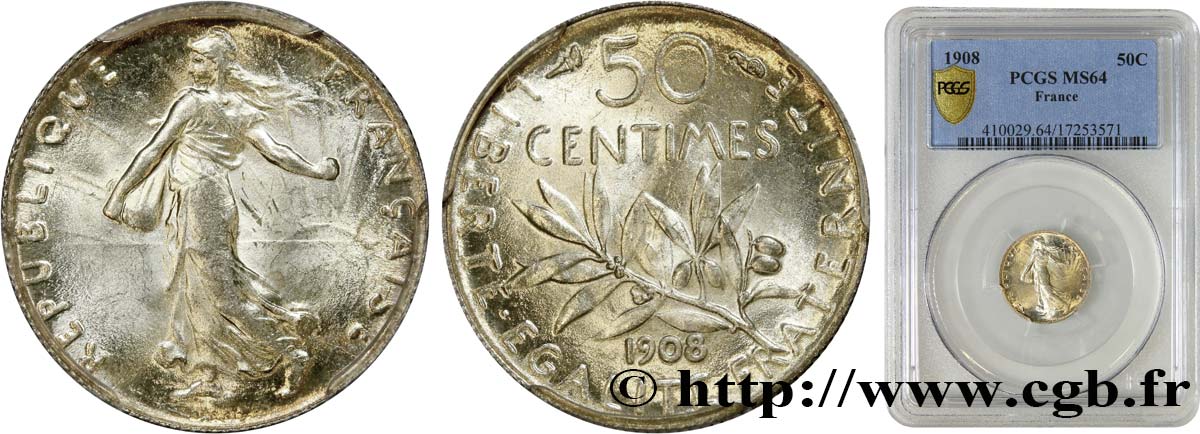 50 centimes Semeuse 1908 Paris F.190/15 SPL64 PCGS