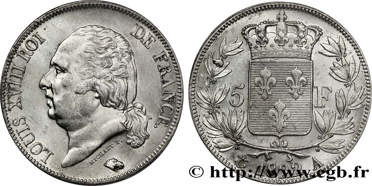 5 francs Louis XVIII, tête nue 1822 Paris F.309/68 SPL61 