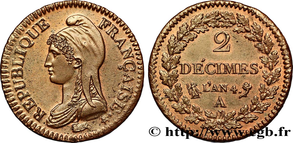 2 décimes Dupré 1796 Paris F.145/1 MS60 