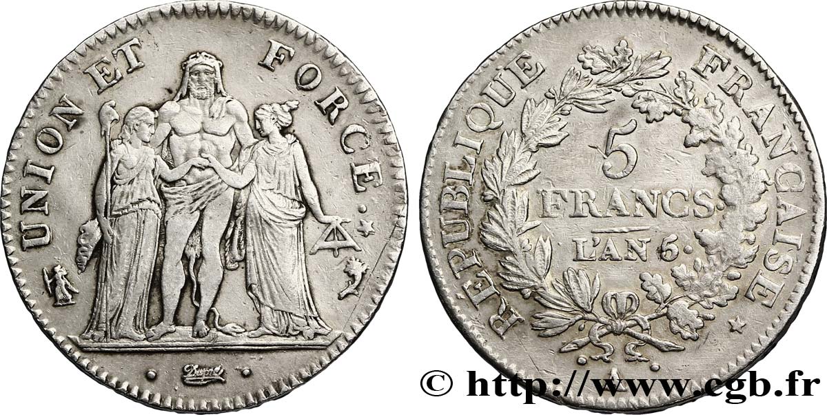 5 francs Union et Force, Union desserré, seulement gland extérieur 1797 Paris F.291/10 SS48 