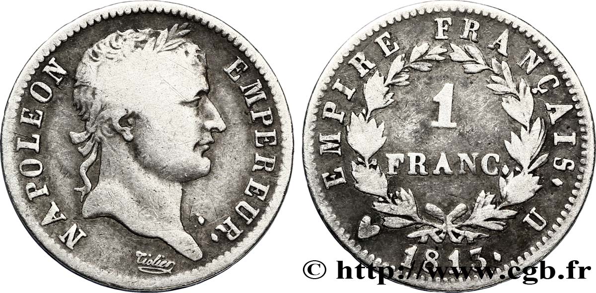 1 franc Napoléon Ier tête laurée, Empire français 1813 Turin F.205/71 TB20 