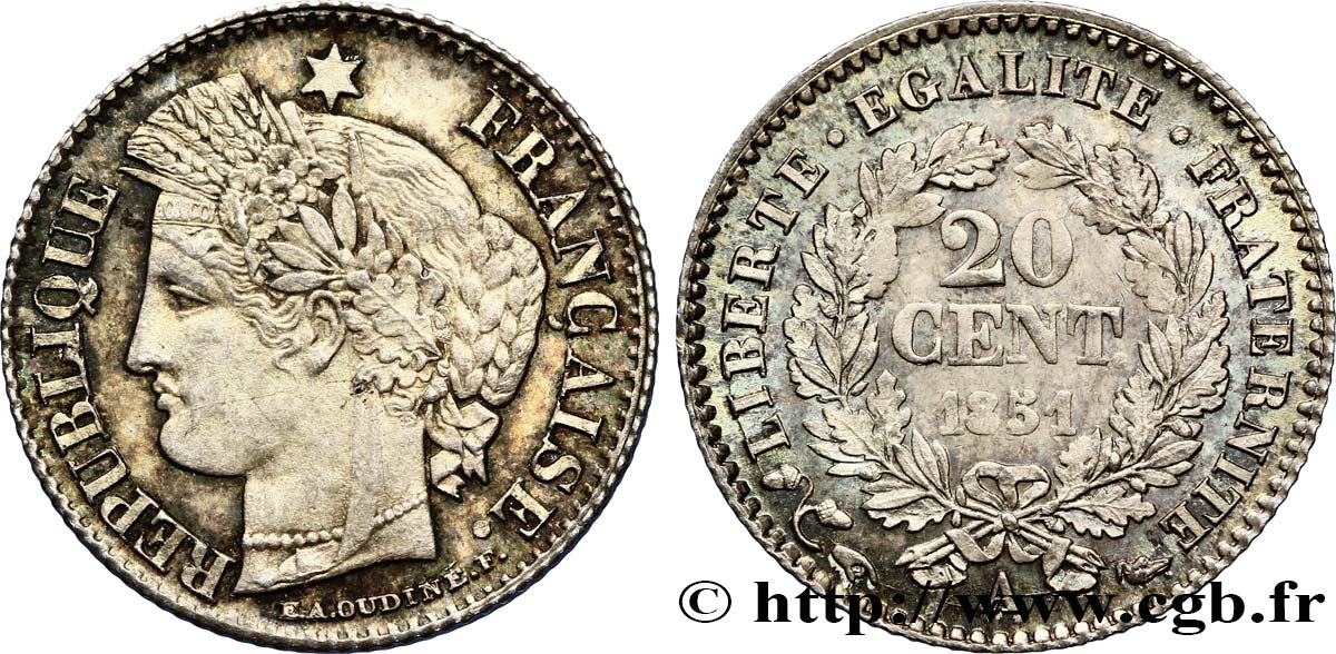 20 centimes Cérès, IIe République 1851 Paris F.146/7 MS63 