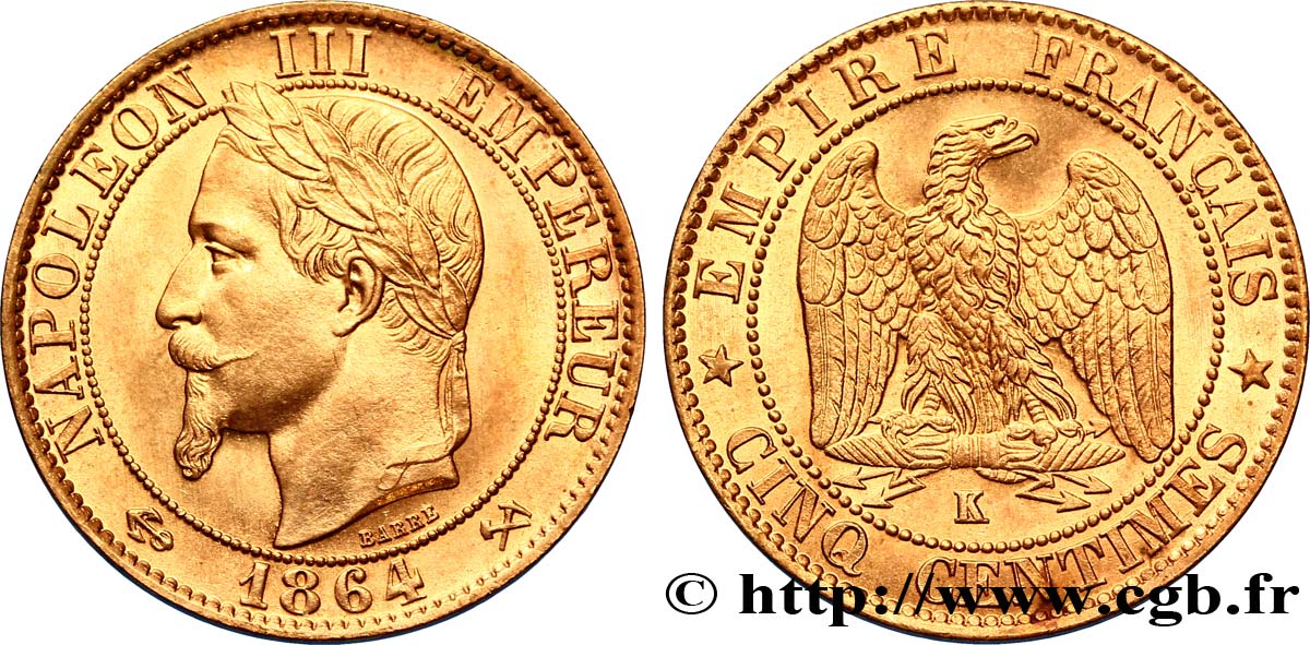 Cinq centimes Napoléon III, tête laurée 1864 Bordeaux F.117/15 SPL63 