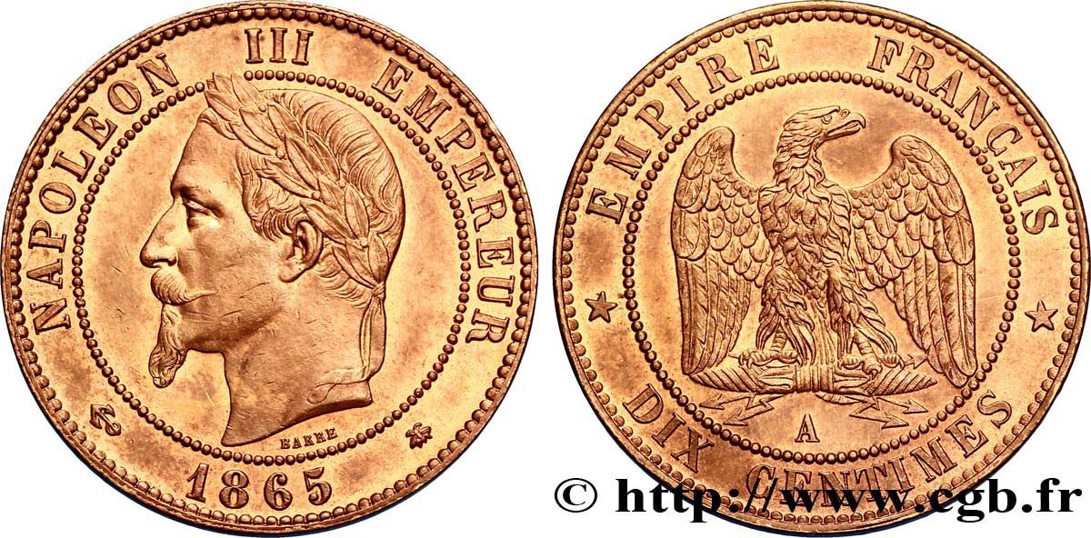 Dix centimes Napoléon III, tête laurée 1865 Paris F.134/16 VZ62 