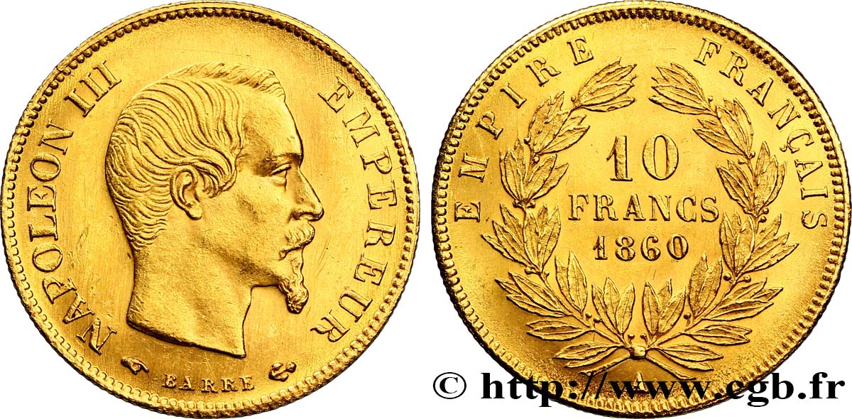 10 francs or Napoléon III, tête nue 1860 Paris F.506/9 SUP58 