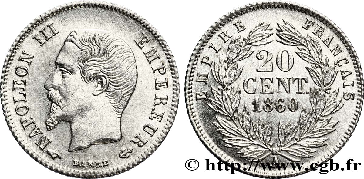 20 centimes Napoléon III, tête nue 1860 Paris F.148/13 EBC+ 