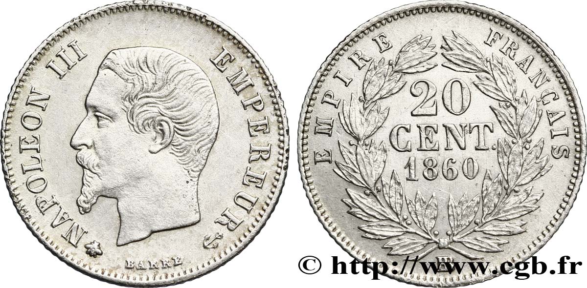 20 centimes Napoléon III, tête nue 1860 Strasbourg F.148/16 MBC+ 