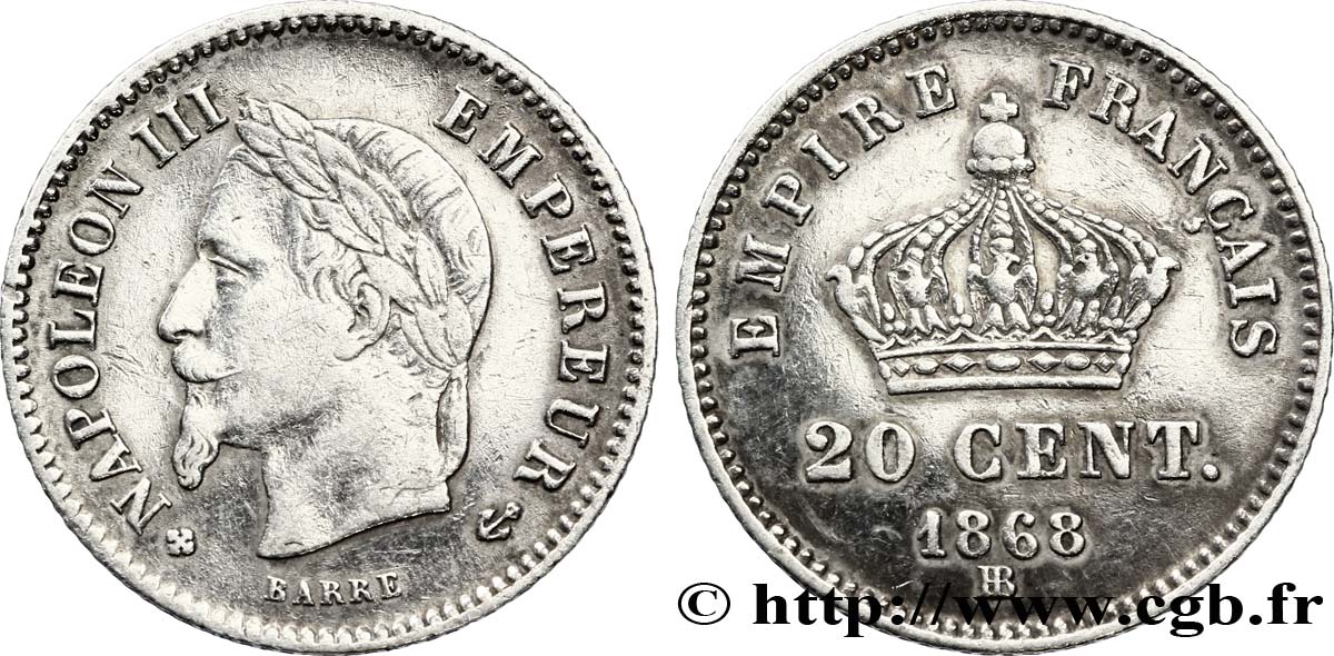 20 centimes Napoléon III, tête laurée, grand module 1868 Strasbourg F.150/5 fVZ 