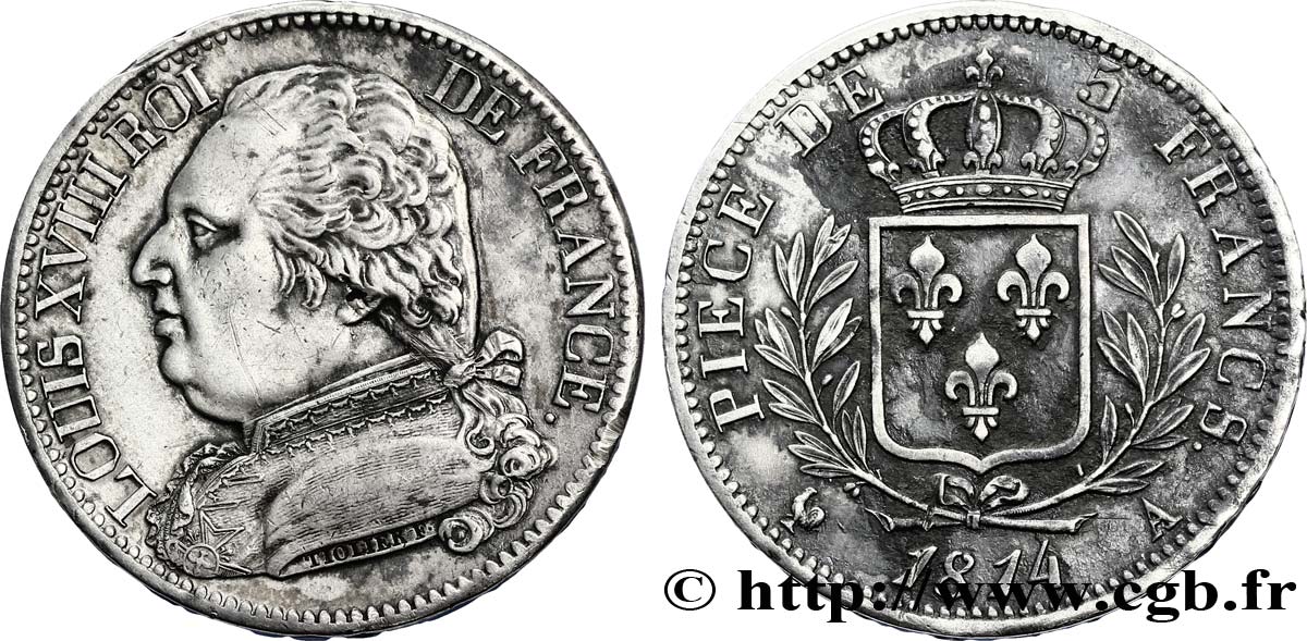 5 francs Louis XVIII, buste habillé 1814 Paris F.308/1 MBC52 