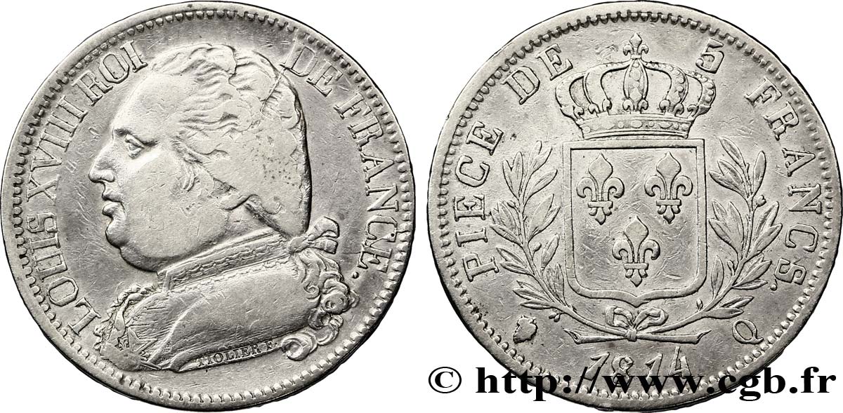 5 francs Louis XVIII, buste habillé 1814 Perpignan F.308/11 TB30 