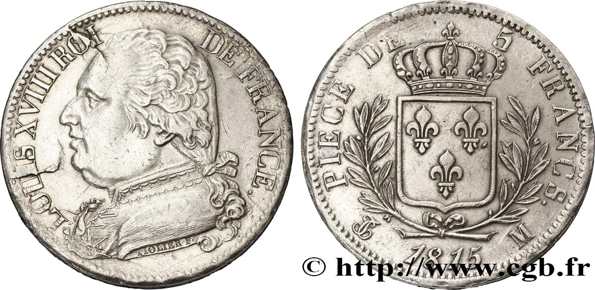 5 francs Louis XVIII, buste habillé 1815 Toulouse F.308/25 AU52 