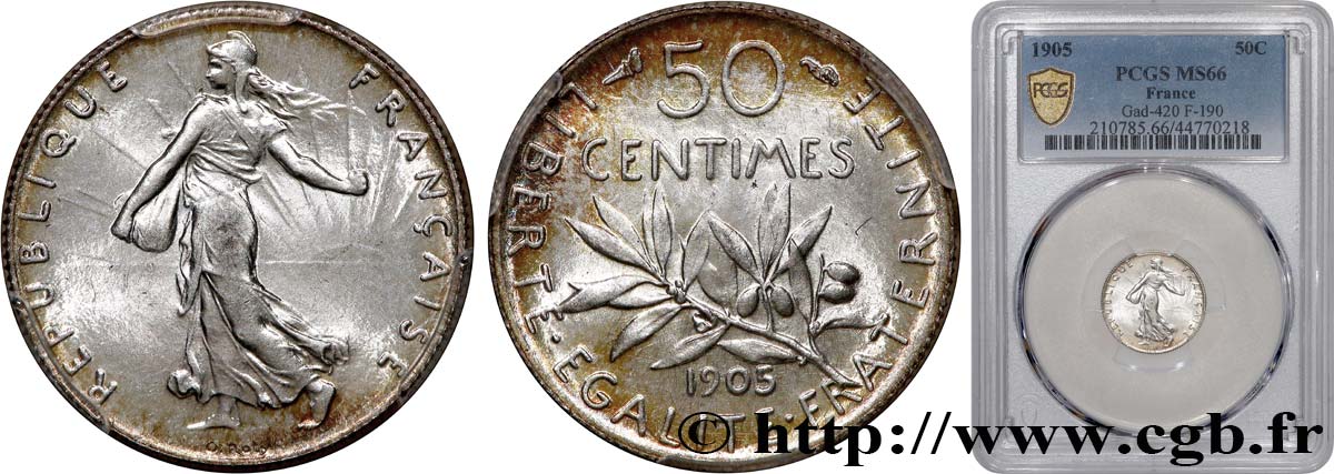 50 centimes Semeuse 1905 Paris F.190/12 MS66 PCGS