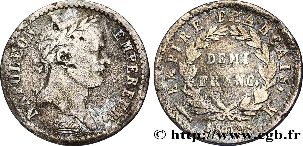 Demi-franc Napoléon Ier tête laurée, Empire français 1809 Bordeaux F.178/4 B12 