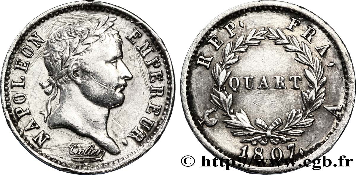 Quart (de franc) Napoléon Ier tête laurée, République française 1807 Paris F.161/1 TTB 