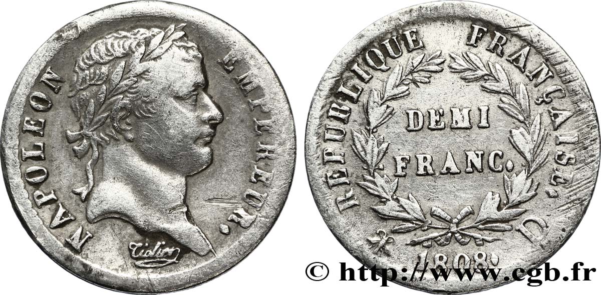 Demi-franc Napoléon Ier tête laurée, République française 1808 Lyon F.177/5 MBC40 
