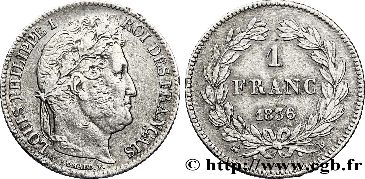 1 franc Louis-Philippe, couronne de chêne 1836 Rouen F.210/51 XF45 