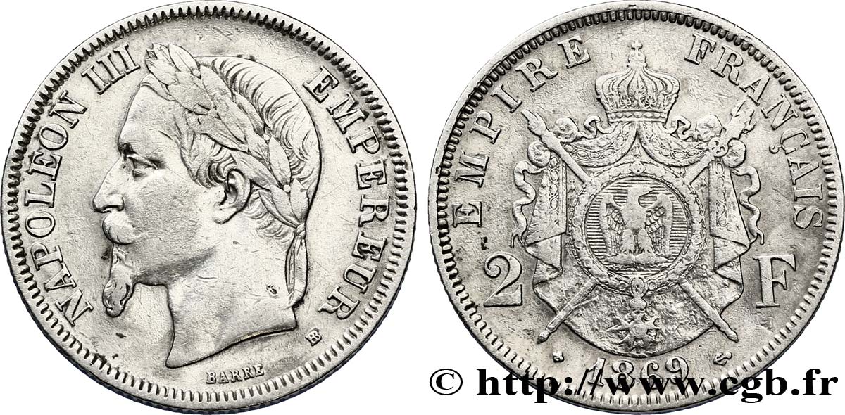 2 francs Napoléon III, tête laurée 1869 Strasbourg F.263/11 TTB40 