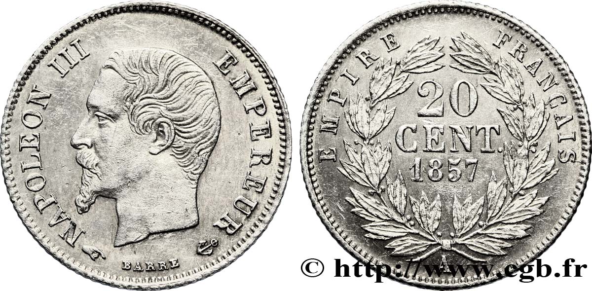 20 centimes Napoléon III, tête nue 1857 Paris F.148/7 SUP60 
