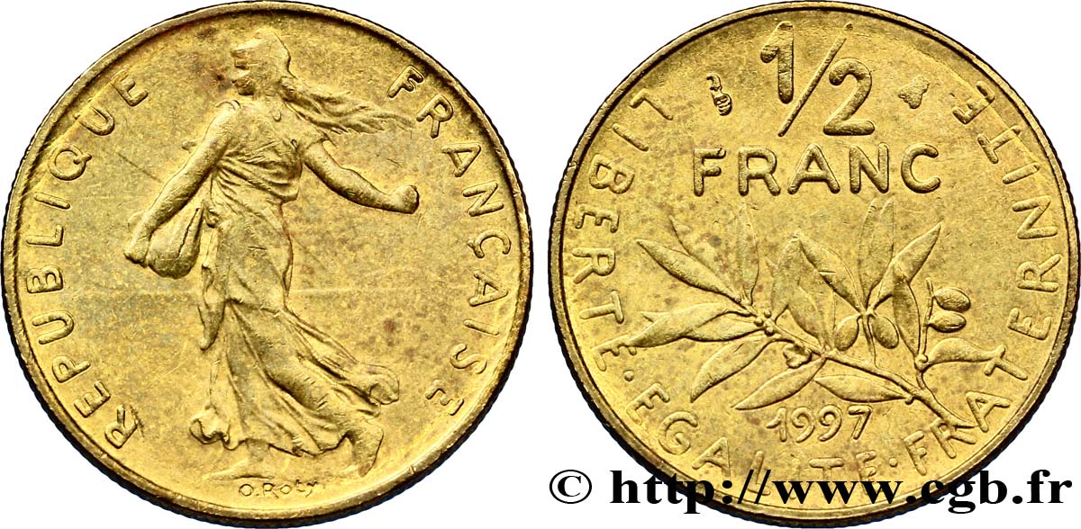1/2 franc Semeuse, erreur flan 1997 Pessac F.198/40 var. AU50 