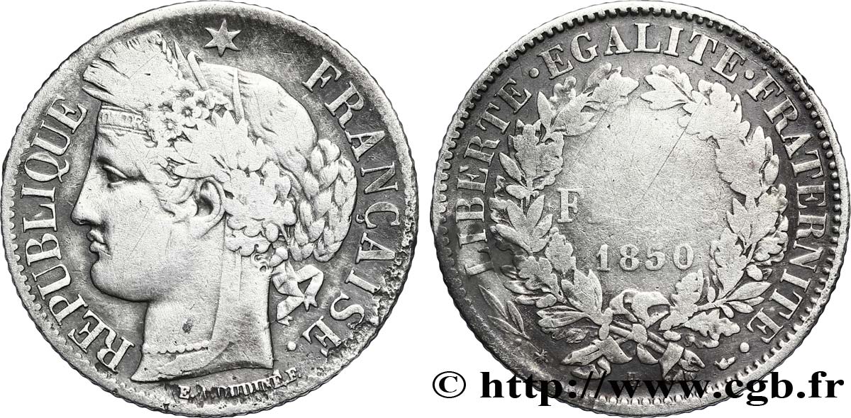 1 franc Cérès, IIe République 1850 Strasbourg F.211/6 VG8 